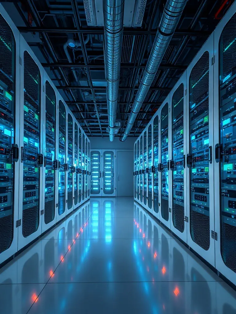A high-tech laboratory environment with server racks and blu