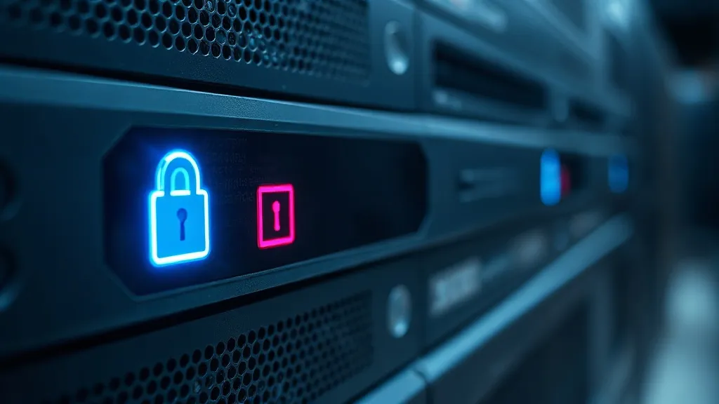 Close-up of a server blade with encryption status lights, pr